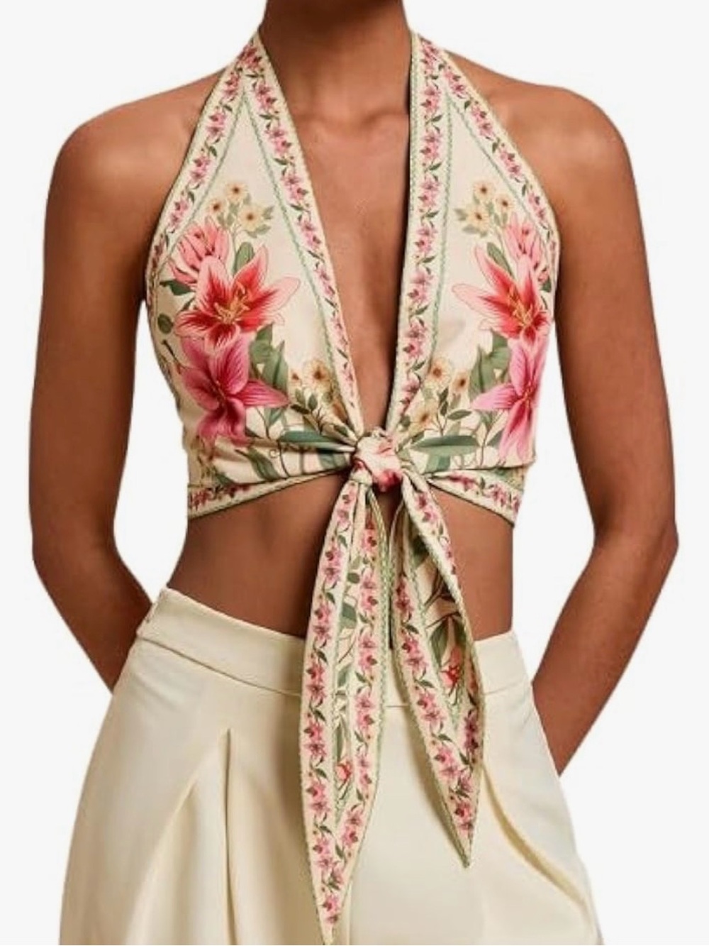 Floral Tie-Front Halter Crop Top - Cream & Pink